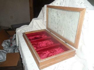 Vntg Hand - Crafted Wood Etched Glass Velvet Lined 3 - Way Display Case Jewelry Box