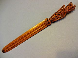 Antique Late 19thc Highly Carved Treen Fruitwood Letter Opener,  C 1880 - 1900.