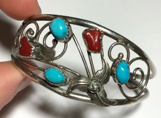 Vtg Sterling Silver 925 Turquoise Red Coral Cuff Bangle Bracelet