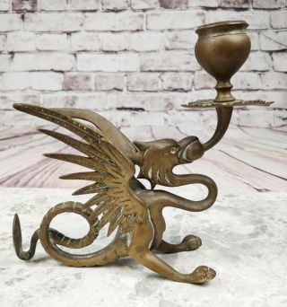 Antique Victorian Gothic Brass Candlestick Chamberstick Dragon Griffin Wyvern