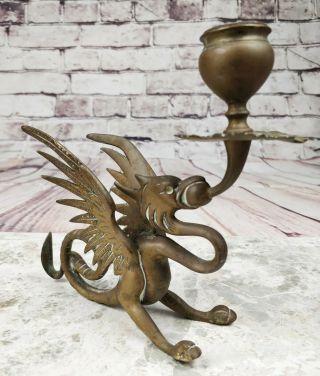 Antique Victorian Gothic brass candlestick chamberstick dragon griffin wyvern 2