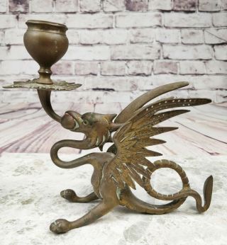 Antique Victorian Gothic brass candlestick chamberstick dragon griffin wyvern 3