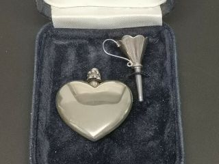 Dainty Heart Shaped Solid Silver Perfume Scent Bottle & Funnel London Boxed
