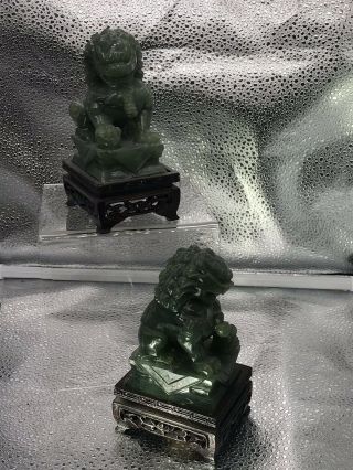 Old Chinese Carved Green Jade Foo Dog Figurine On Fitting Wood Stand 2