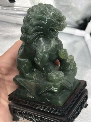Old Chinese Carved Green Jade Foo Dog Figurine On Fitting Wood Stand 3
