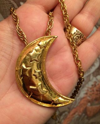 Vtg Gold Crescent Moon & Stars 3d Pendant Necklace Old Stock 70s 80s