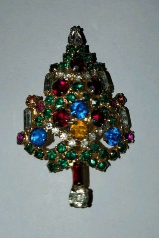 Vintage Signed Warner Rhinestone Christmas Tree Brooch Pin In