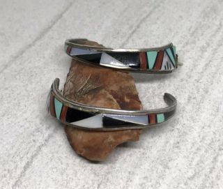 Zuni Vintage Large Native Multi - Stone Inlay Sterling Silver Half Hoop Earrings