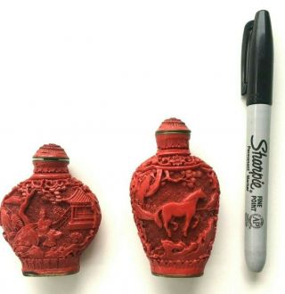 Two Antique Carved Chinese Lacquer Cinnabar Red Snuff Bottle Qianlong Mark
