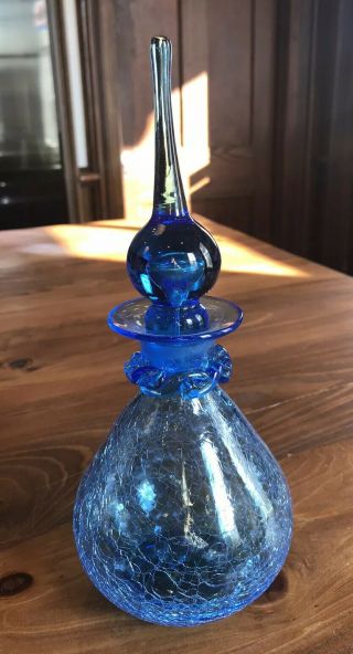 Vintage Blue Crackle Glass Decanter Tear Drop Stopper Pilgrim Rainbow