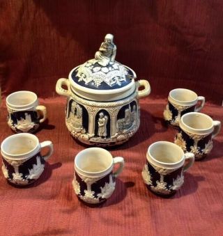 Vintage Stoneware German Castle Stoneware Punch Bowl Set,  Guhlwein With 6 Mugs