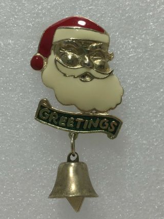 Vtg Old Fashioned Santa Greetings Bell Enamel Christmas Holiday Figural Brooch