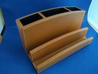 Vintage Levenger Desk Top Leather Organizer Caddy Letter Pen Pencil Holder,