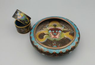 Antique Chinese Cloisonne Dragon Bowl With Two Napkin Rings