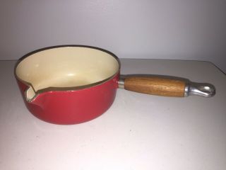 Vintage Le Creuset France Red Metal Enamel Cast Iron 18 Wood Handle Sauce Pan