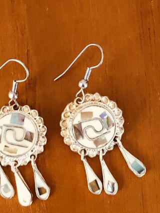 Vintage Mexico Alpaca Silver Earring,  White Enamel With Abalone Shell
