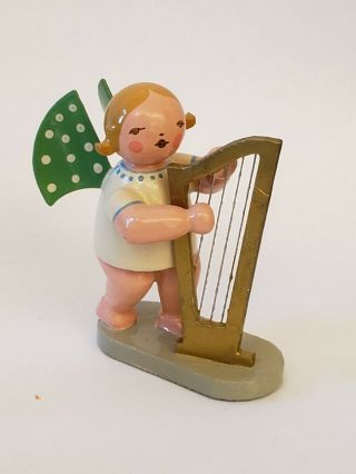 Vintage Erzgebirge Angel With Harp Figurine East Germany Hand Painted
