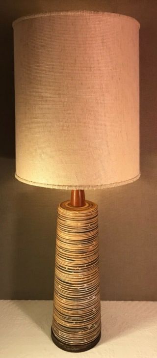 Mcm Art Pottery & Walnut Table Lamp & Vintage Shade Bitossi/martz Era 35.  5 In.  H
