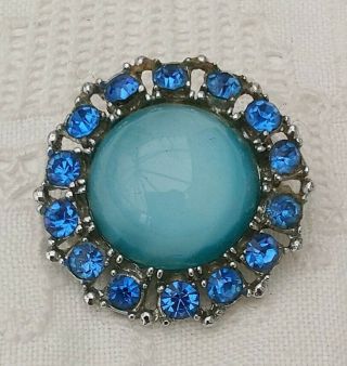 Vintage Art Deco Blue Moonstone Satin Glass Rhinestone Brooch Pin Target Pretty