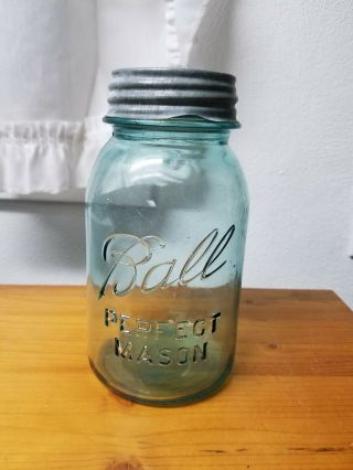 Aa14 Old Vintage Antique Blue Glass Ball Perfect Mason Canning Jar & Zinc Lid