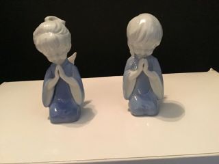 Vintage Lefton Boy Girl Blue & White Praying Angel Figurines Porcelain Christmas 3