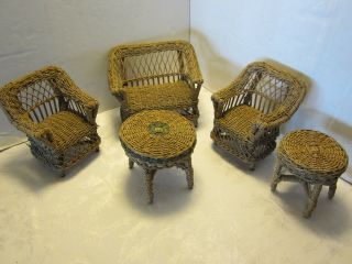 Antique Doll House Furniture 5 Pc Set Wicker 9¾” Love Seat Chairs Tables Rattan