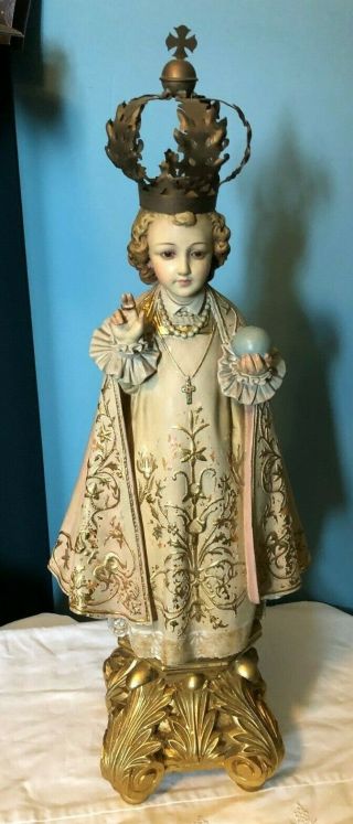 Gorgeous Rare Antique Carmelite Nuns Convent Infant Of Prague Statue Glass Eyes