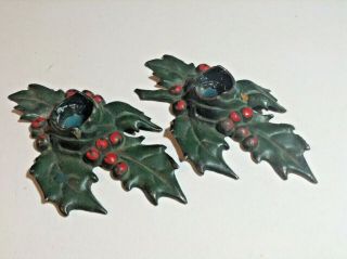 2 Cast Iron Vintage Holly Candle Holders From 1920s Christmas Holidays