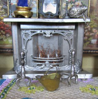 Antique Dollhouse Victorian Tin Fireplace Miniature Metal Ornate 1800s Germany