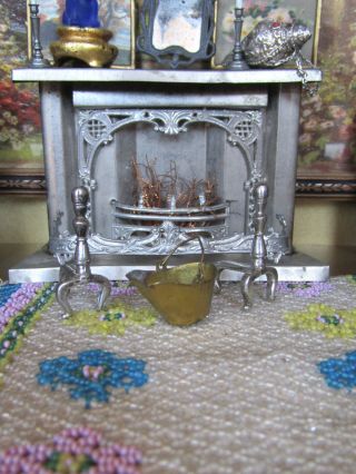 Antique Dollhouse VICTORIAN TIN FIREPLACE Miniature Metal Ornate 1800s Germany 2