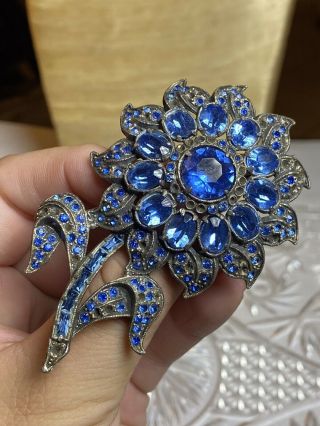 Vtg Art Deco Rhinestone Flower Brooch Pin Pot Metal Deep Blue Crystals Czech