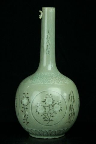 Oct163 Korean Goryeo Celadon Porcelain Bottle White&black Inlay