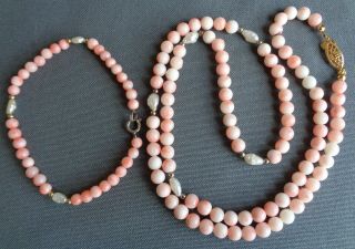 Vintage Pink Coral Beads Freshwater Pearl Gold Pl.  Beads Necklace & Bracelet Set