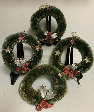 4 Vtg Christmas Bottle Brush Wreaths - 8 " - Flocking Foiled Leaves Stars 1950 