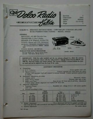 Gm Delco Car Radio Service Bulletin Brochure Model 985432 Chevrolet 1963