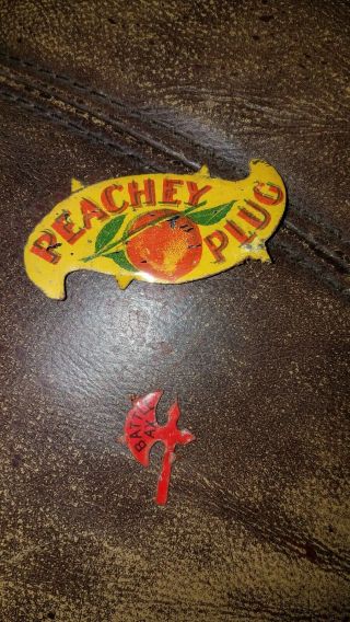 2 Vintage Tin Tobacco Tags " Peachey Plug " And " Battle Ax "