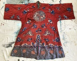 Antique Chinese Red Silk Embroidered Robe Blue & White Florals Moths Qing 1900s