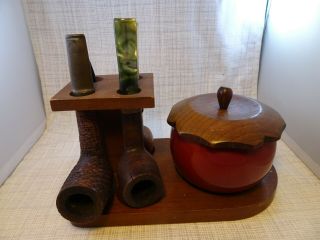 Vintage 4 Smoking Pipe Stand With Red Hard Plastic Humidor And 4 Pipes