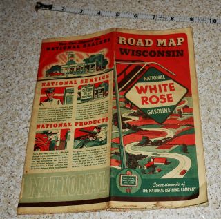 1930s Wisconsin Road Map National White Rose Gasoline Oil En - Ar - Co