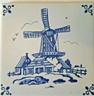 Vintage Royal Mosa Holland 4 - 1/4” Square Delft Blue Tile With Windmill Scene