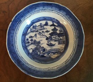 Antique 19th C.  Chinese Export Canton Blue & White Porcelain Soup Plate Bowl