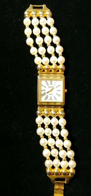 Vintage Joan Rivers Bracelet Watch Faux Pearls And Gold 8 " By 1 1/2 " Wide