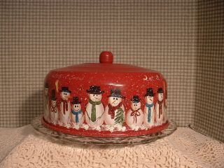 Vintage Aluminum Cake Cover & Dish 25 Snowmen Handpainted Folk Art