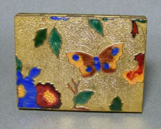 Vintage Nieman Marcus Gold Tone Compact W/ Enameled Flowers & Butterflies