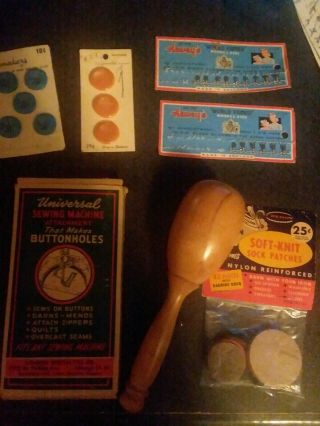 Vintage Wood Sock Darner,  Sock Patches,  Buttons,  Hooks; Button Hole Adapter.