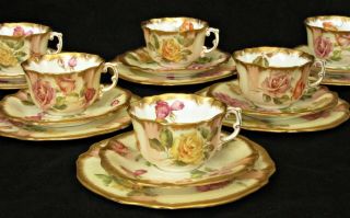 Antique Hammersley Porcelain Tea Set For 6,  Roses & Blush Ivory,  Gilt Borders
