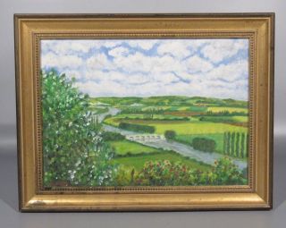 Vintage French Oil Painting On Canvas,  Spring Landscape,  River,  Bridge,  Signed