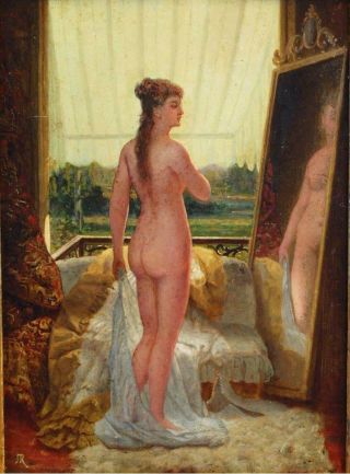 Fine 19th Century Nude Before Mirror In Boudoir Antique Oil Painting