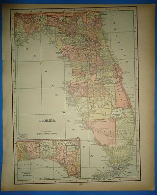 Vintage Circa 1895 Florida Map Old Antique Atlas Map S&h