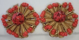 Vintage Miriam Haskell Gold Gilt Brass Red Coral Art Glass Bead Flower Earrings